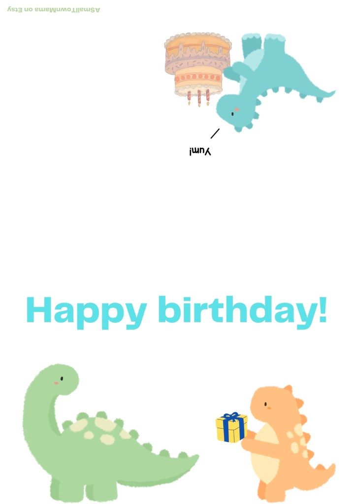 Boys birthday card printable with cartoon dinosaurs a present and a cake on a white background.