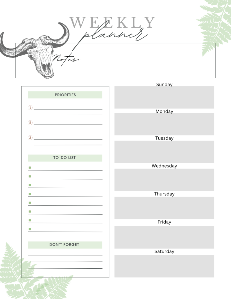 White and sage colored weekly planner with ferns classy font and tasteful animal skull
