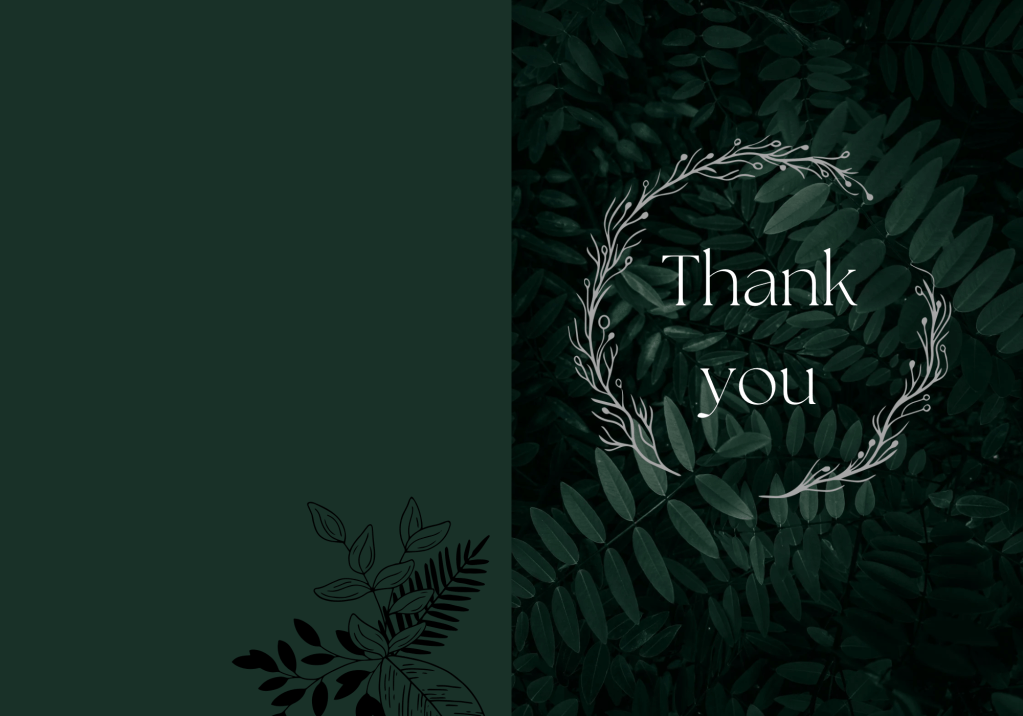 Dark green and black thank you card with leafy foliage