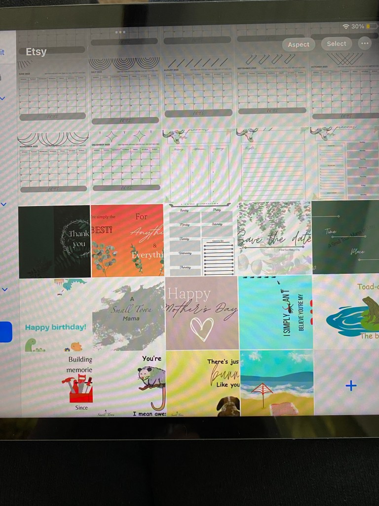 A collage of all my digital creations for my business from planners, calendars, to thank you cards, birthday and fathers day cards, some available on my Etsy shop. 