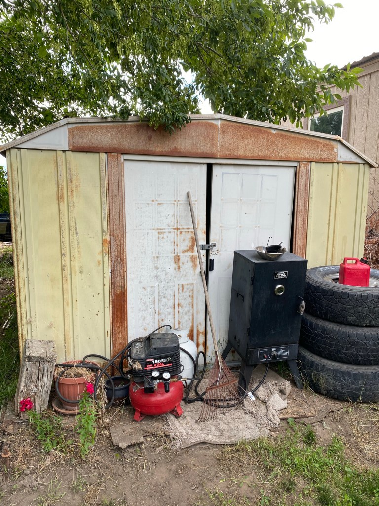 Rusted metal shed with broken doors, things piled in front, like tires, a smoker and a rake.