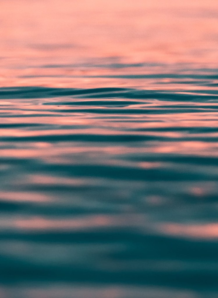 Slightly rippled water with blue and pink hues from a setting sun