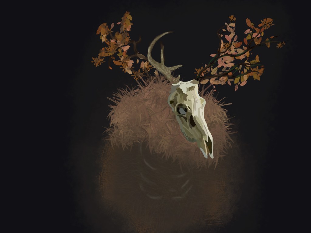 Book cover illustration by Alexandra Griffiths, a deer skulled creature with one antler and branches from its skull.