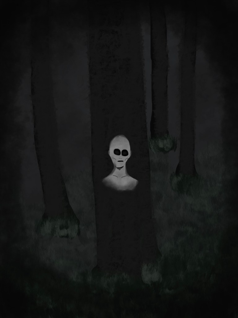 The pale grey face of a humanoid being emerging from a tree, as seen in my dream.