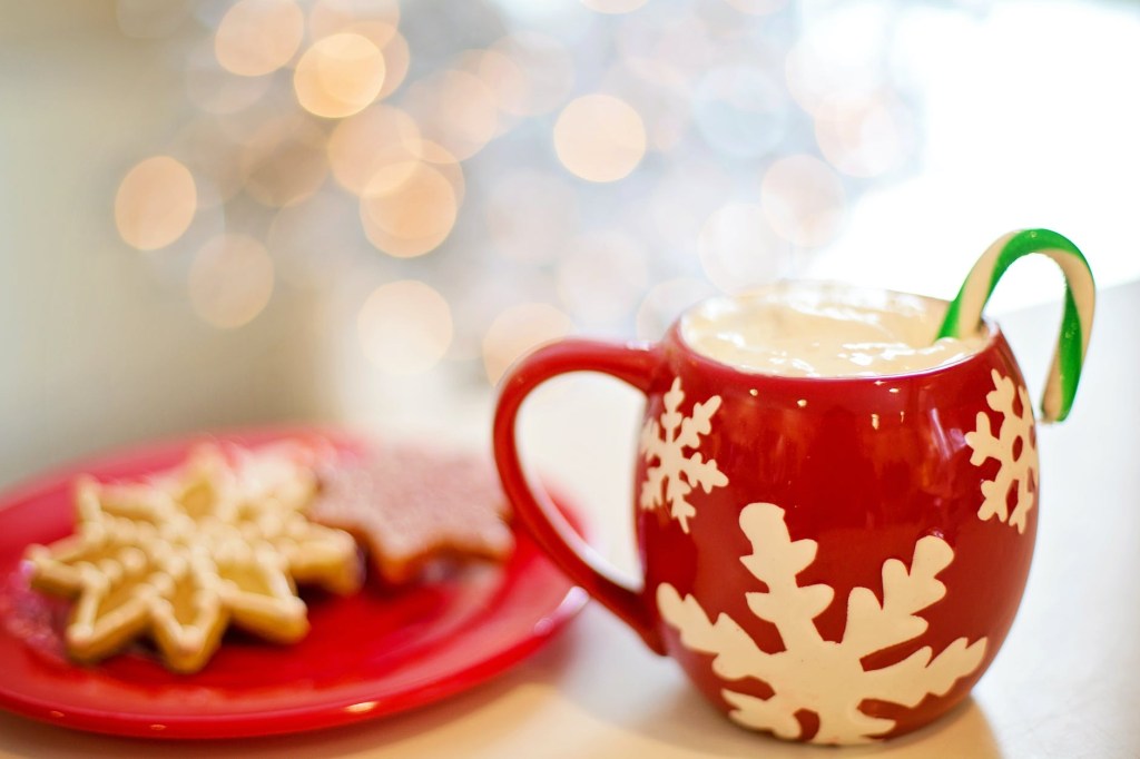 Milk and cookies for Santa in a red and white snowflake mug and snowflake sugar cookies